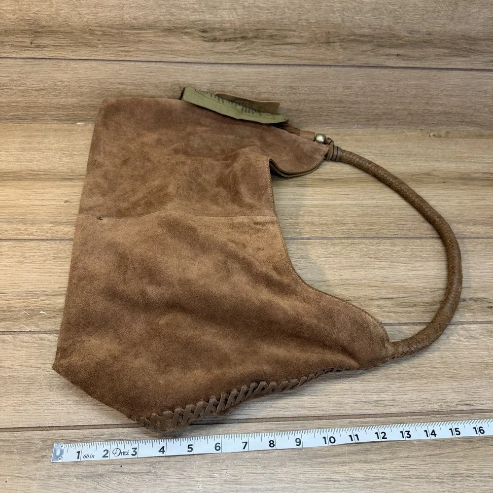 Vilenca Holland Suede Slouchy Hobo Shoulder Bag Brown Boho Whipstitch Tassel